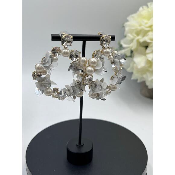 J. Crew White Pearl, Crystal, Sequin Hoop Statement DoorKnocker Earrings Bridal - Picture 6 of 12